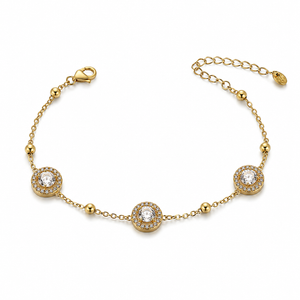 Gold Plated Chain Bracelet with Three Round Halo Floral Stations and Pave White Stone Centers