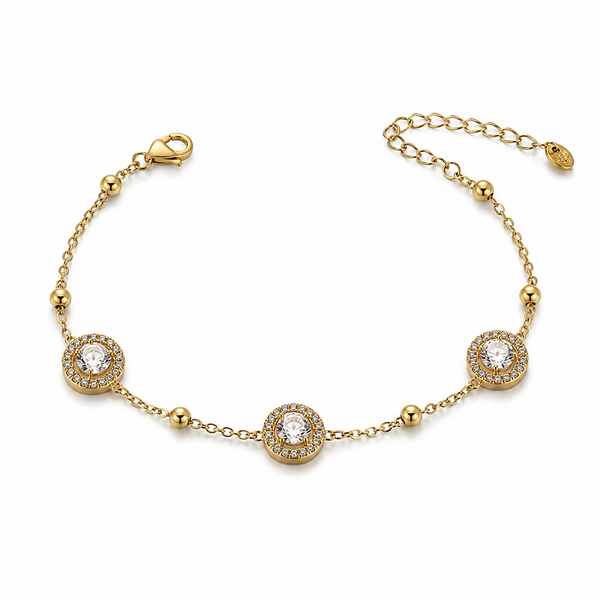 Gold Plated Chain Bracelet with Three Round Halo Floral Stations and Pave White Stone Centers - House of Viya