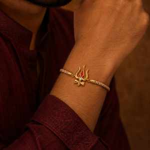 18K Gold Plated Rakhi Stone-Studded Trishul Motif Religious Traditional Rakhi - House of Viya