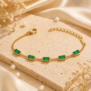 Gold Plated Emerald Cut Green Rectangular Stone Bezel Station Chain Bracelet with Lobster Clasp
