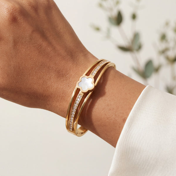Mother of Pearl Five Petal Flower Baby Kada Bangle | Gold Plated Pave CZ Floral Cuff for Women - House of Viya