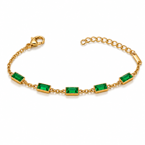 Gold Plated Emerald Cut Green Rectangular Stone Bezel Station Chain Bracelet with Lobster Clasp