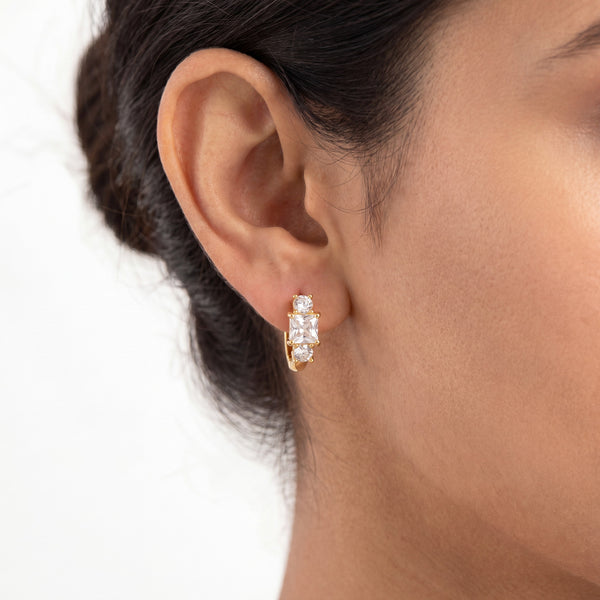 Gold Plated Three Stone Princess CZ Huggie Hoop Earrings