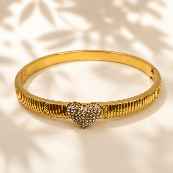Gold Ribbed Grooved Band Single Heart Diamond Kada for Women | Striated Center Stone Stainless Steel Ladies Bangle | Elegant Festive Jewellery - House of Viya