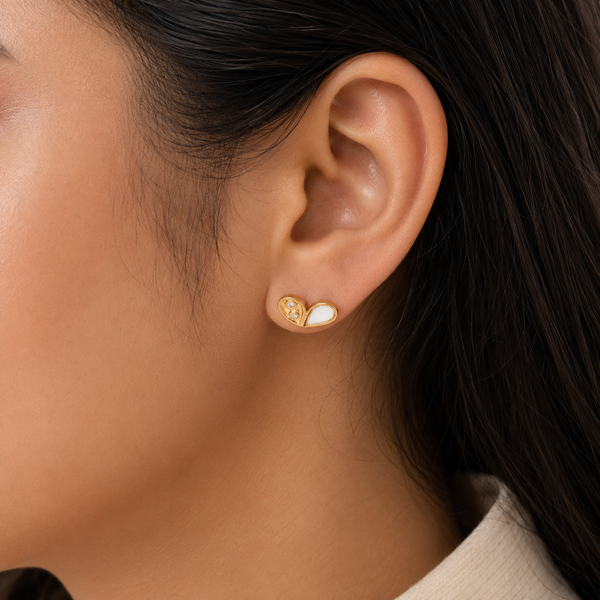 Earrings White Enamel Petal, Coral Heart & Gold Ball Stud Earrings Set of 3 Pairs