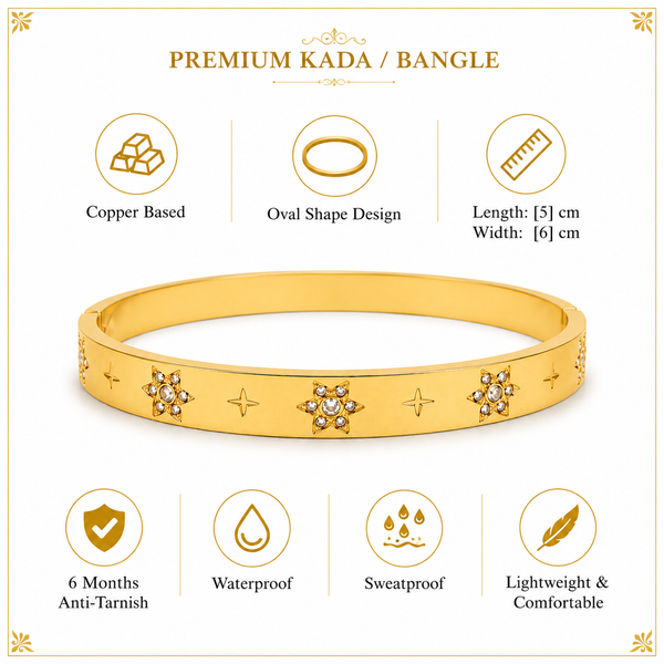 Gold Star Engraved Floral Diamond Cluster Kada for Women | 4-Point Motif Stainless Steel Ladies Bangle | Designer Festive Jewellery - House of Viya