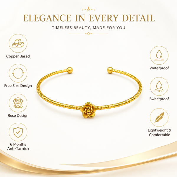 Gold Rose Flower Center Charm Cuff Kada for Women | Beaded Ball End Stainless Steel Ladies Bangle | Floral Festive Wrist Jewellery