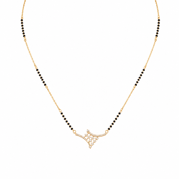 KZ Gold Plated Crown CZ Mangalsutra for Women Black Bead Chain Asymmetric Arrow Pendant FS