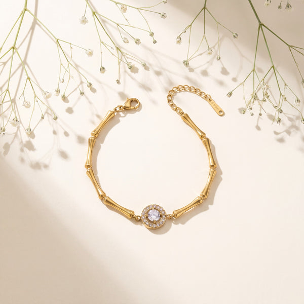 Gold Plated Bamboo Bar Link Bracelet with Round White Stone Halo and Drop Bar Pendant