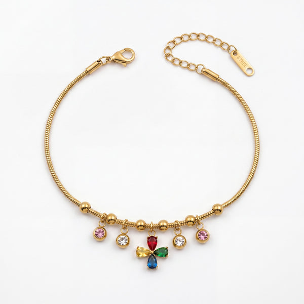 Gold Plated Snake Chain Bracelet with Multi Colour Stone Charm Cluster and Lobster Clasp - House of Viya