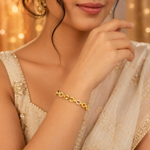 Gold Crescent Moon Diamond Oval Kada for Women | Curved Stone Stainless Steel Ladies Bangle | Celestial Festive Jewellery - House of Viya