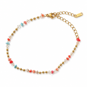 Gold Plated Pink Coral and Turquoise Bead Single Line Delicate Chain Bracelet with Lobster Clasp
