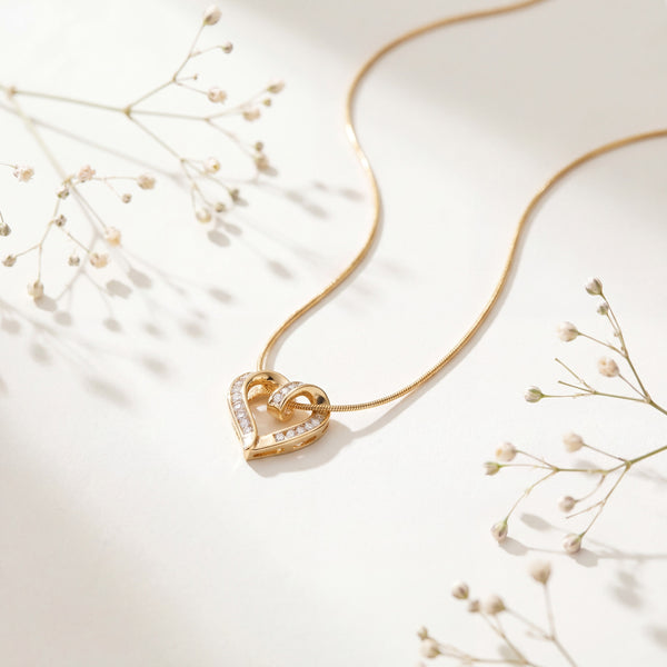 Gold Open Heart Outline Pendant Chain Anti-Tarnish Necklace