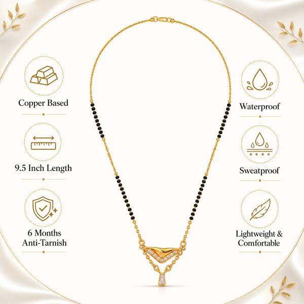 KZ Gold Plated V Shape Fan CZ Mangalsutra for Women Black Bead Chain Fan Pendant with Drop FS - House of Viya