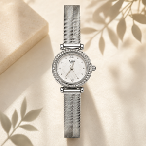 Watches Silver-Tone Round Dial Crystal Studded Bezel Mesh Bracelet Watch for Women