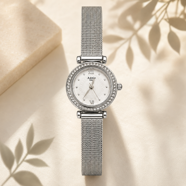 Watches Silver-Tone Round Dial Crystal Studded Bezel Mesh Bracelet Watch for Women