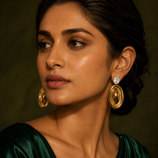 Earrings Gold-Tone Peridot White Stone Oval Drop Earrings - House of Viya