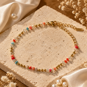 Gold Plated Pink Coral and Turquoise Bead Single Line Delicate Chain Bracelet with Lobster Clasp