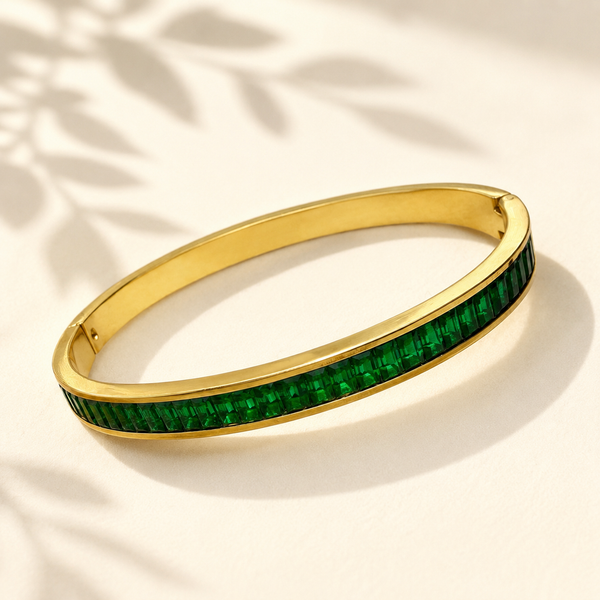 Gold Wavy Green Stone Oval Kada for Women | Twisted Diamond Cut Stainless Steel Ladies Bangle | Festive Party Wear Jewellery