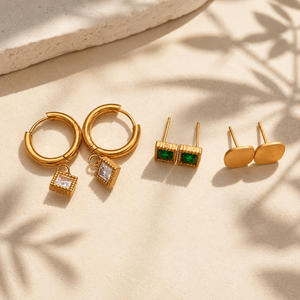 Earrings Halo Square Drop Hoop, Emerald Square & Gold Oval Minimal Stud Earrings Set of 3 Pairs