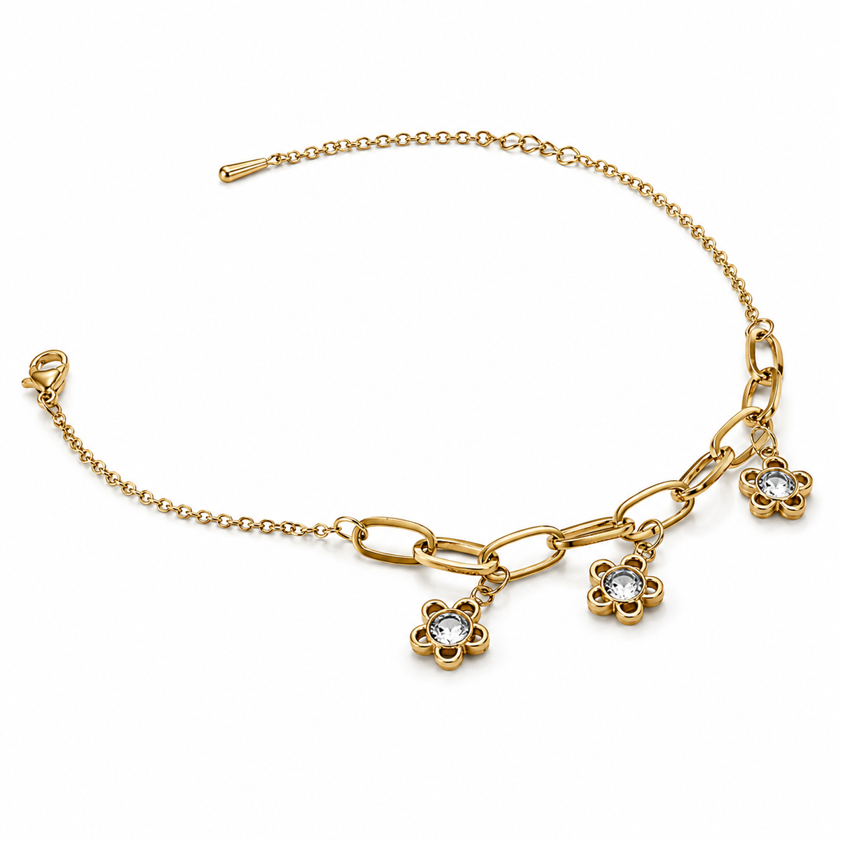 Gold Plated Paperclip Chain Bracelet with Triple Daisy Flower White Stone Charm Cluster Pendant