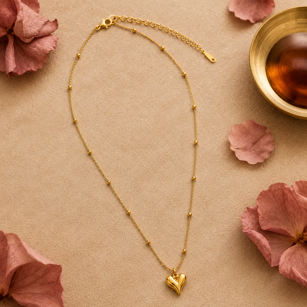 Chain 18K Gold-Plated Beaded Chain with Small V-Heart Pendant - House of Viya