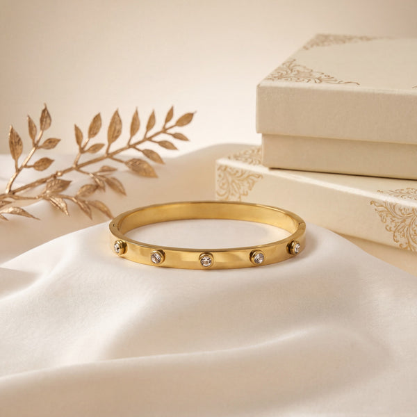 Three Stone Bezel CZ Slim Baby Kada Bangle | Gold Plated Solitaire Trio Bracelet for Women - House of Viya