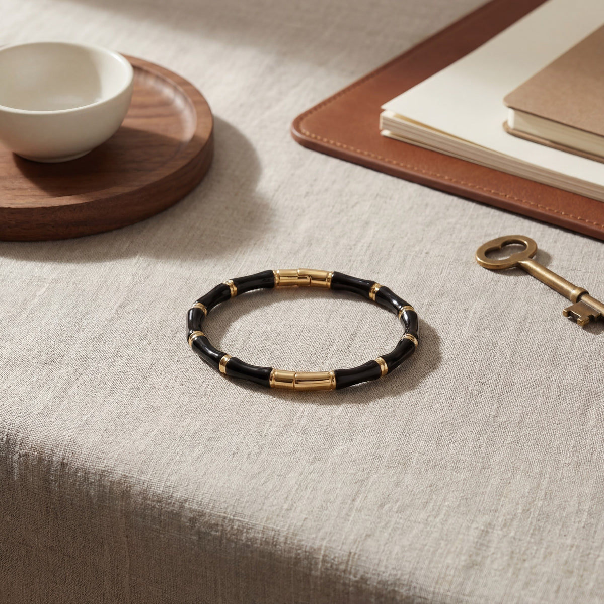 Bamboo Anti-Tarnish Beaded Kada Bracelet - Black & Gold Elegance