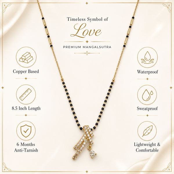 KZ Gold Plated Cross Bar CZ Mangalsutra for Women Black Bead Chain Diagonal X Pendant with Drop FS - House of Viya