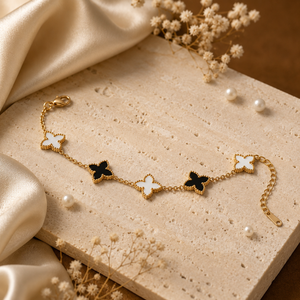Gold Plated Black and White Mother of Pearl Clover Charm Station Chain Bracelet with Lobster Clasp