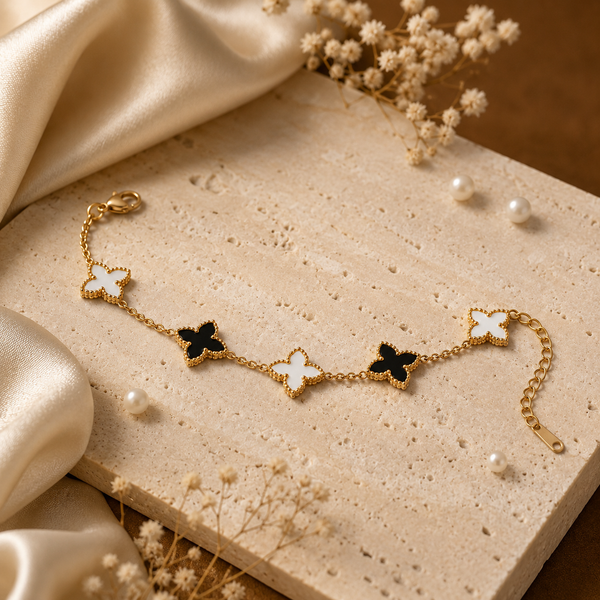 Gold Plated Black and White Mother of Pearl Clover Charm Station Chain Bracelet with Lobster Clasp