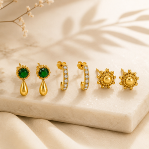 Earrings Emerald Teardrop Drop, Pave Huggie Hoop & Sunflower Stud Earrings Set of 3 Pairs