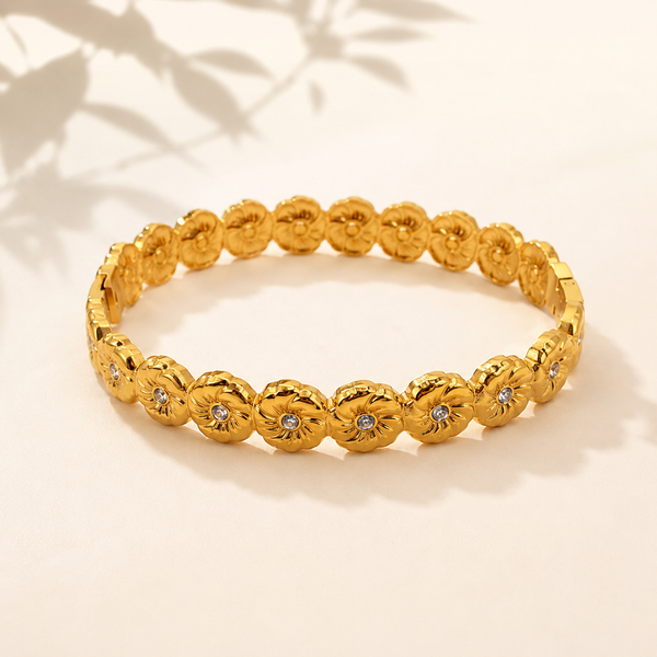 Gold Large Round Flower Motif Diamond Center Oval Kada for Women | Floral Petal Stone Stainless Steel Ladies Bangle | Floral Festive Jewellery - House of Viya