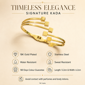 Kadas Gold-Tone Openable Triple-Line Kada with Geometric Square Motif Accents - Polished Finish Modern Cuff Bracelet