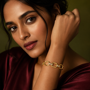 Kadas Gold-Tone Hexagonal Geometric Cutwork Kada with Crystal-Accented Links - Polished Finish Openwork Bracelet