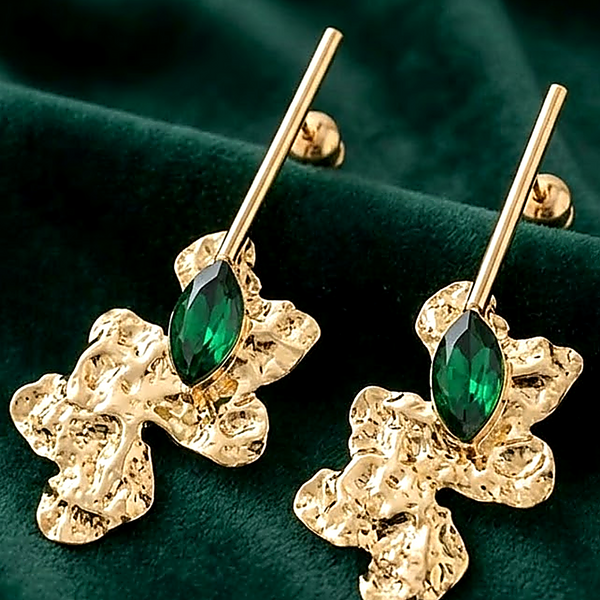 Close-up Anti-Tarnish Gold Plated Abstract Floral Crystal Green Earrings on velvet - House of Viya
