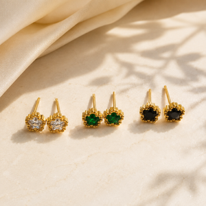 Earrings Crystal, Emerald & Black Onyx Crown Prong Stud Earrings Set of 3 Pairs