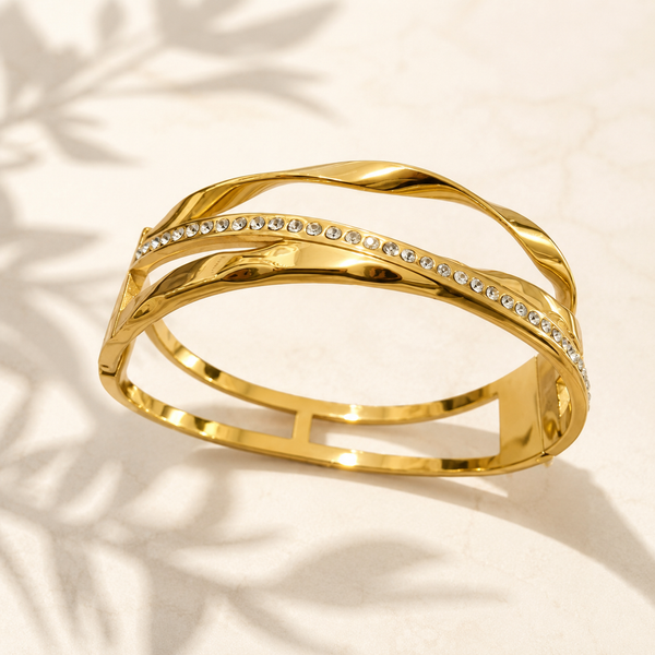 Kadas Gold-Tone Twisted Rope Crystal-Studded Crossover Design Kada Bangle for Women - House of Viya
