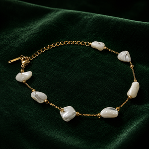 Gold Plated White Heart Mother of Pearl Bead Dual Strand Delicate Chain Bracelet with Lobster Clasp
