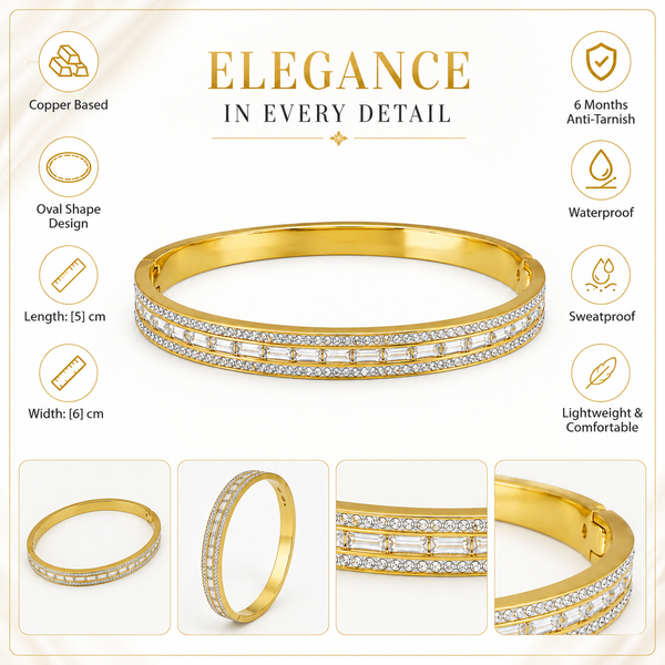 Gold Bar Set Diamond Oval Kada for Women | Horizontal Bar Stone Stainless Steel Ladies Bangle | Contemporary Festive Jewellery - House of Viya