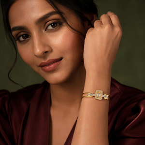 Kadas Gold-Tone Rectangular Solitaire Stone-Studded Halo Kada with Crystal Accents - Polished Finish Slim Bracelet