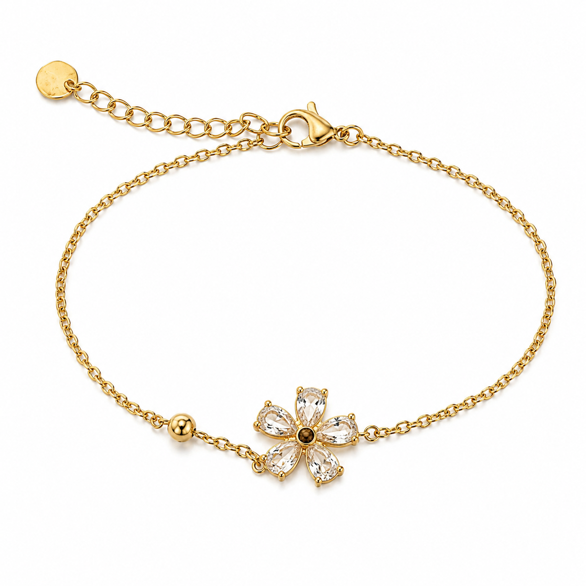 Gold Plated White Stone Studded Floral Flower Charm Delicate Chain Bracelet with Lobster Clasp