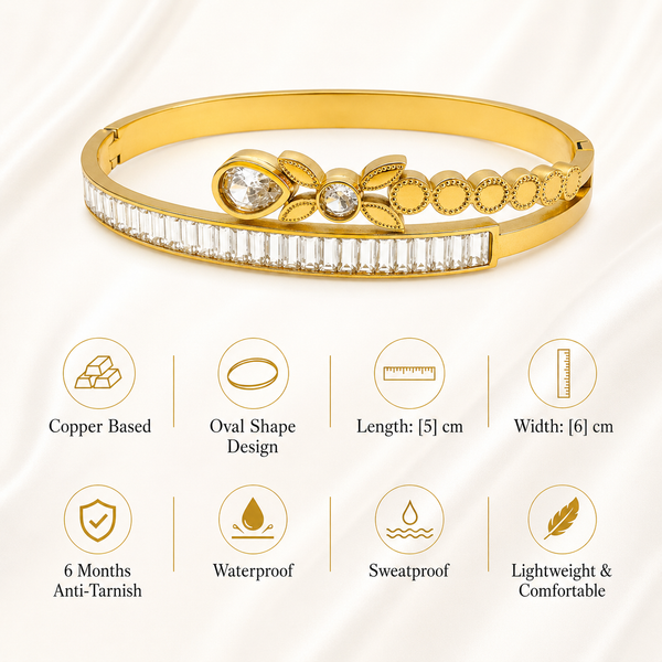 Gold Flush Set Diamond Grain Oval Kada for Women | Smooth Surface Stone Stainless Steel Ladies Bangle | Sleek Design Jewellery - House of Viya