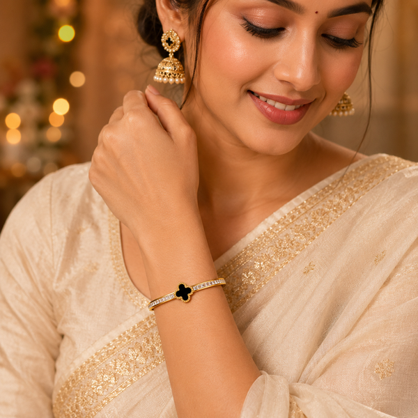Gold Floral Cluster Diamond Oval Kada for Women | Petal Stone Stainless Steel Ladies Bangle | Flower Design Festive Jewellery - House of Viya
