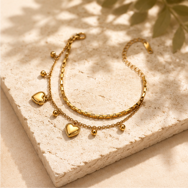 Gold Plated Double Strand Layered Chain Bracelet with Dangling Heart Charms and Bead Drops - House of Viya