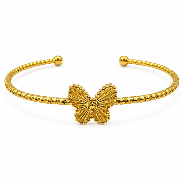 Gold Butterfly Fan Center Open Cuff Kada | Beaded Ball End Stainless Steel Ladies Bangle | Elegant Festive Wrist Jewellery - House of Viya