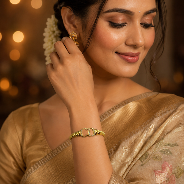 Gold CD Logo Initials Ribbed Twisted Band Oval Kada for Women | Monogram Designer Stainless Steel Ladies Bangle | Luxury Brand Festive Jewellery - House of Viya