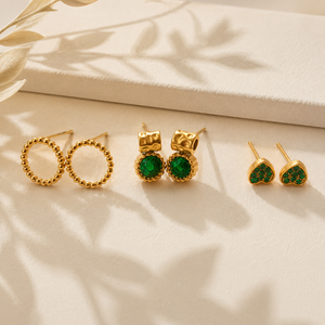 Earrings Gold Circle Ring, Emerald Halo Crown & Pave Triangle Stud Earrings Set of 3 Pairs