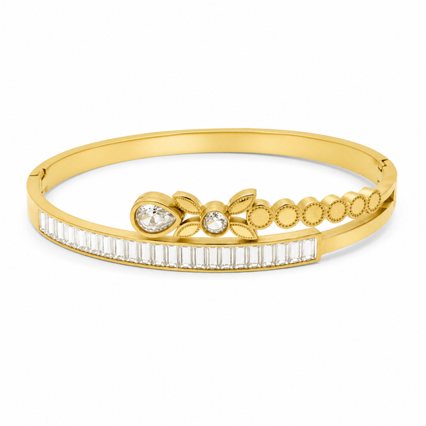 Gold Flush Set Diamond Grain Oval Kada for Women | Smooth Surface Stone Stainless Steel Ladies Bangle | Sleek Design Jewellery - House of Viya