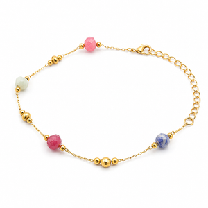 Gold Plated Multi-Colour Stone Bead Dual Strand Delicate Chain Bracelet with Lobster Clasp